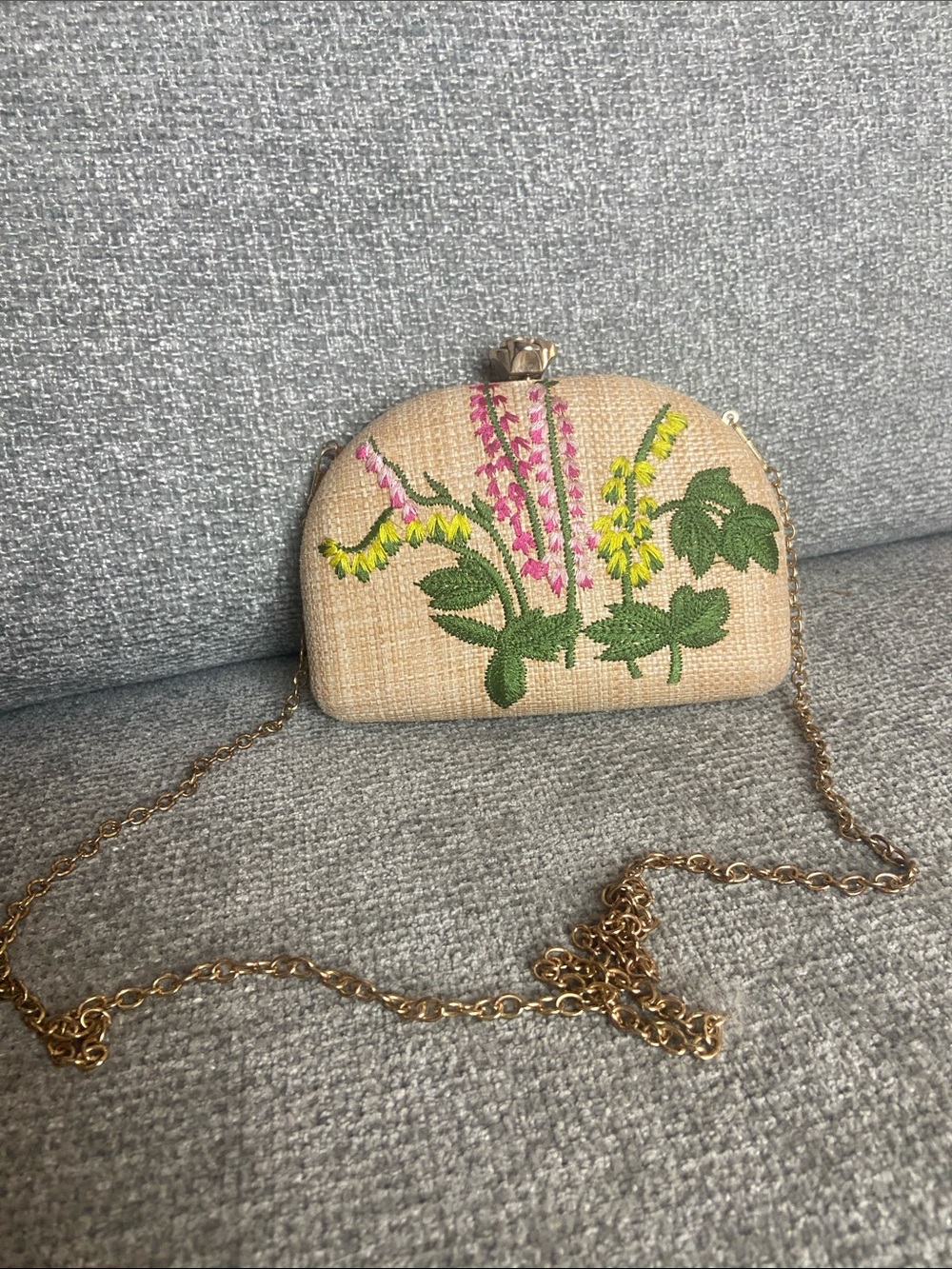 Embroidered Floral Straw Clutch with Gold Chain - Beige